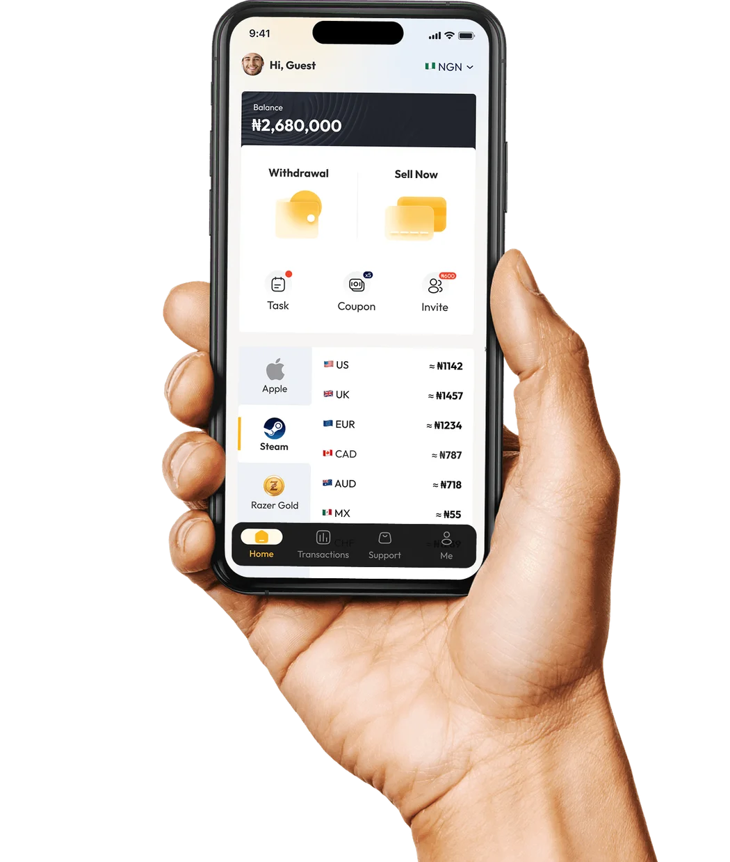 CardCosmic app showing gift card trading, transactions and withdrawal options