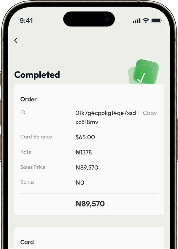 Completed gift-card trade showing the order and sales amount