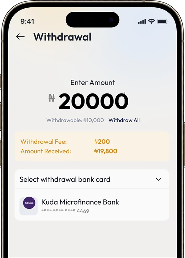 Withdrawal screen with amount, fee and bank account selection